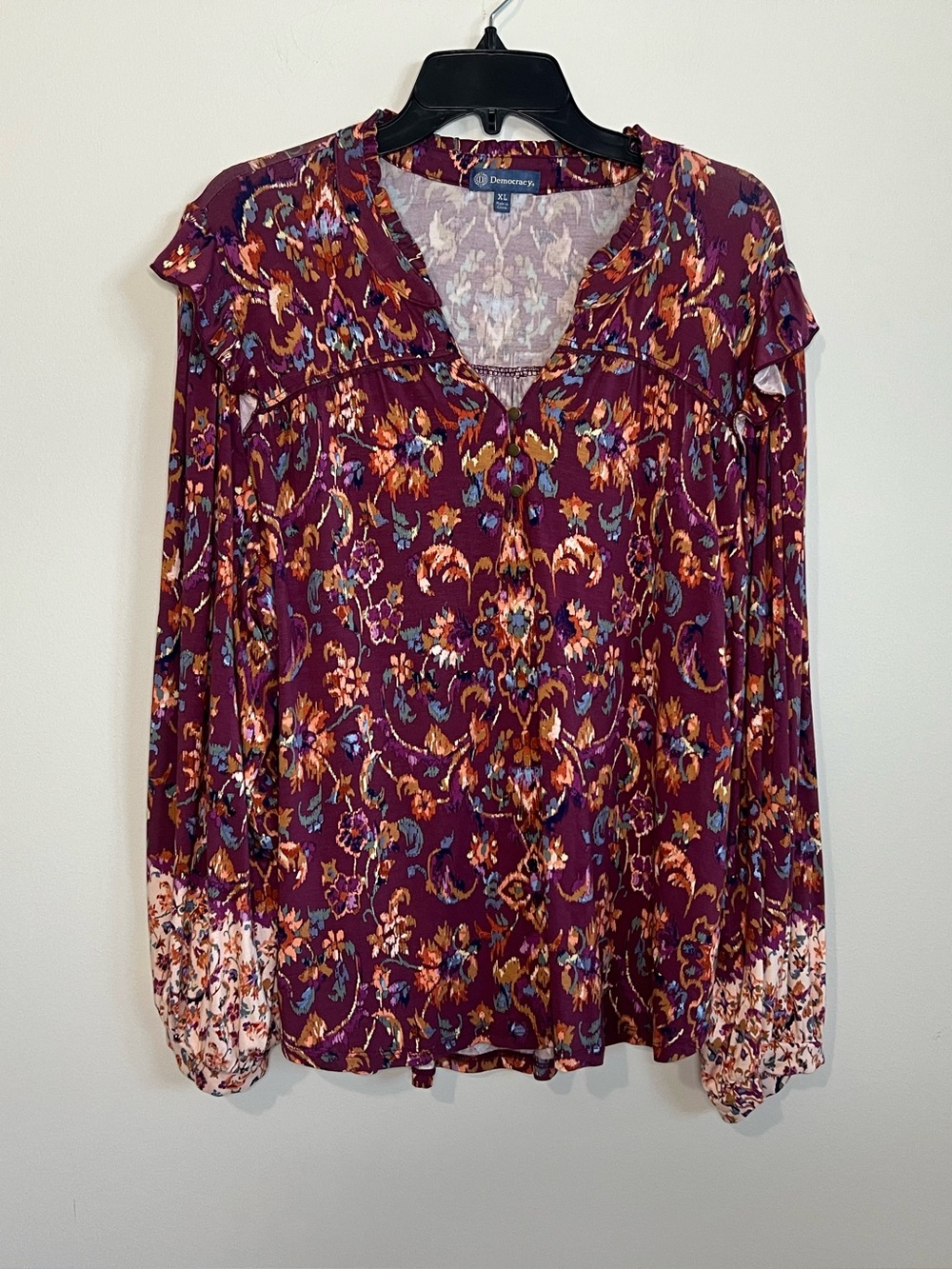 Democracy Plum Floral V-Neck Long Sleeve Blouse